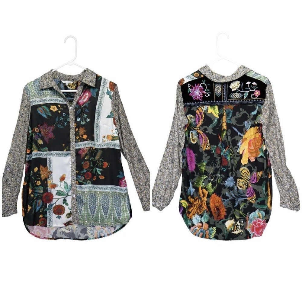 John‎ Mark Shirt Size XS Art To Wear Mixed Media Velvet Embroidered Floral Boho